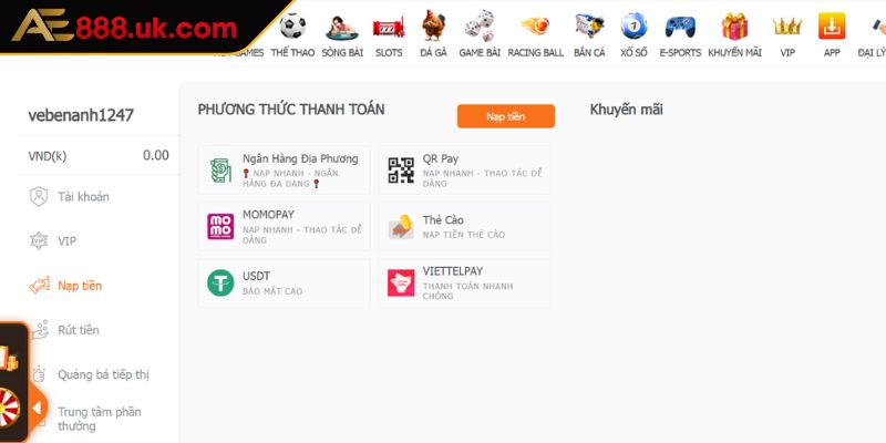Nạp Và Rút Tiền AE888 2 Cách nạp và rút tiền AE888